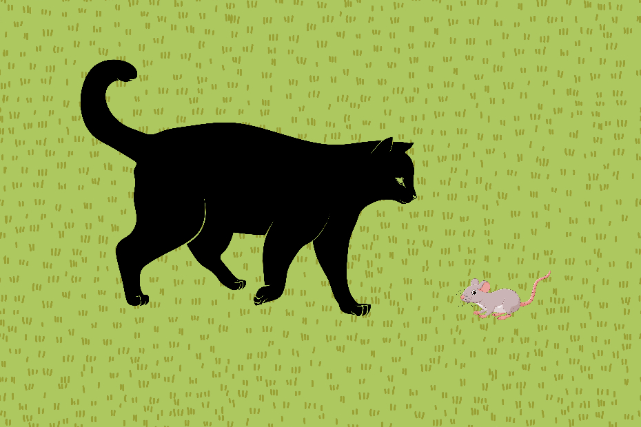clip art illustration of black cat and mouse in grass