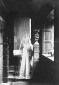 white sheet ghost by staircase