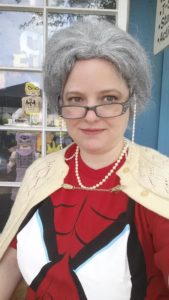 Amber in costume as Spider-Man's Aunt May