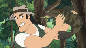 still from cartoon; Wayne holding an icky snakehead fish