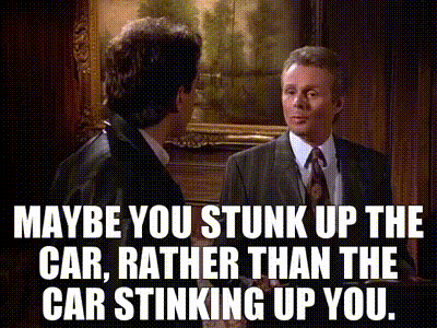Seinfeld and snooty man: Maybe you stunk up the car, rather than the car stinking up you.