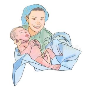 midwife holding baby illustration