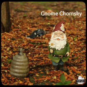 foreground is Gnome Chomsky in focus; background is unclear but visible corpse of a bird