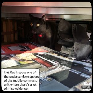 Gus inside the cargo storage space of the mobile command unit looking for evidence of mice.