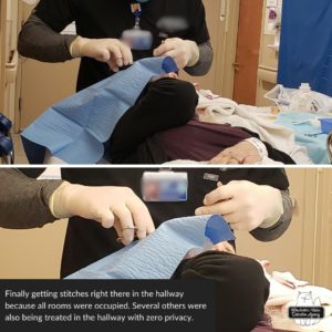 collage of the Physician's Assistant sewing in the stitches in the hallway where multiple patients were being treated with zero privacy.