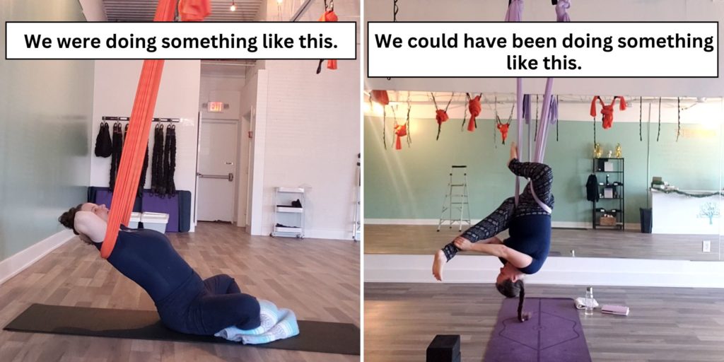 collage: left amber sitting in an aerial restorative posture on the floor with the silk support her back. right: Amber hanging upside-down by her hips as she holds one leg out extended and is completely off the ground.