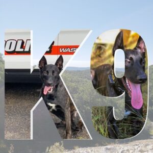 photos of Camo of characters K and 9 against background of Merrill Creek Reservoir
