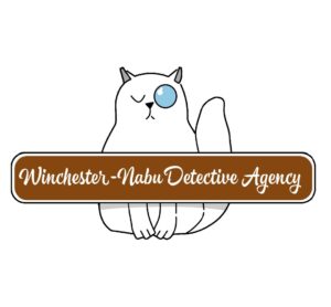 brown sign across white cat wearing monocle