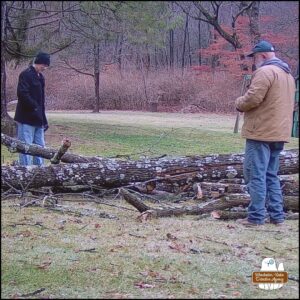 The Butler and the Grumpy Old Man outside in winter with a chopped tree between them as they prepare to rake up branches.