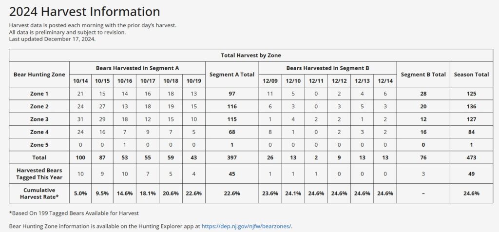 from the NJDEP website: a table of totals by zone (rows) and date (columns) for October and December 2024 black bear hunting seasons. Grand total: 473 bears killed
