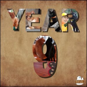 "Year 9" where the characters contain photos of Ollie, Gus, and Amber against a brown weathered background like old paper or leather
