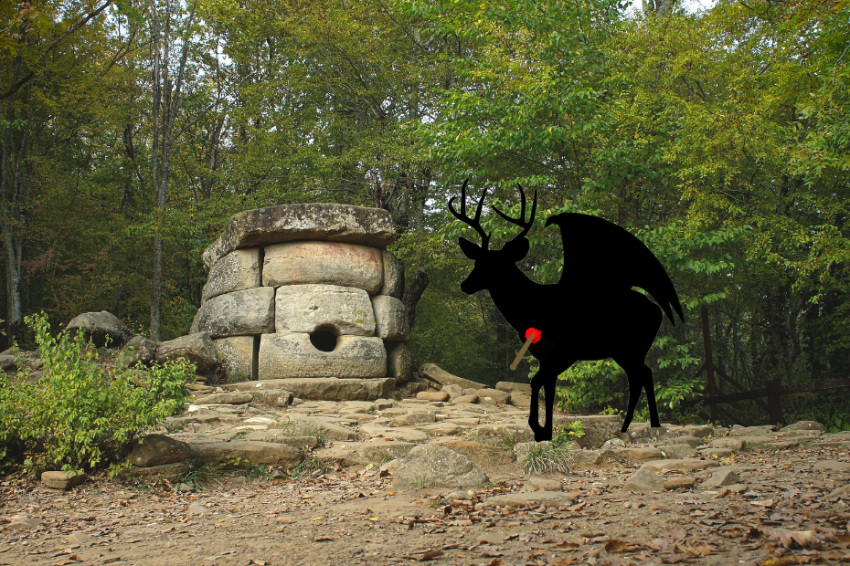 silhouette of a Jersey Devil-Deer that's been stabbed in the left shoulder and bleeding against a stock photo of a stone structure with a hole in the wall in the middle of woods.