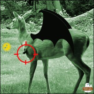 Showing Hanuel the devil-deer on the "screen" of our computer system that identifies cryptids and supernatural creatures. The devil-deer has short antlers, black bat-like wings, a spot circled in red shows where the creature has something sticking out of its left shoulder.