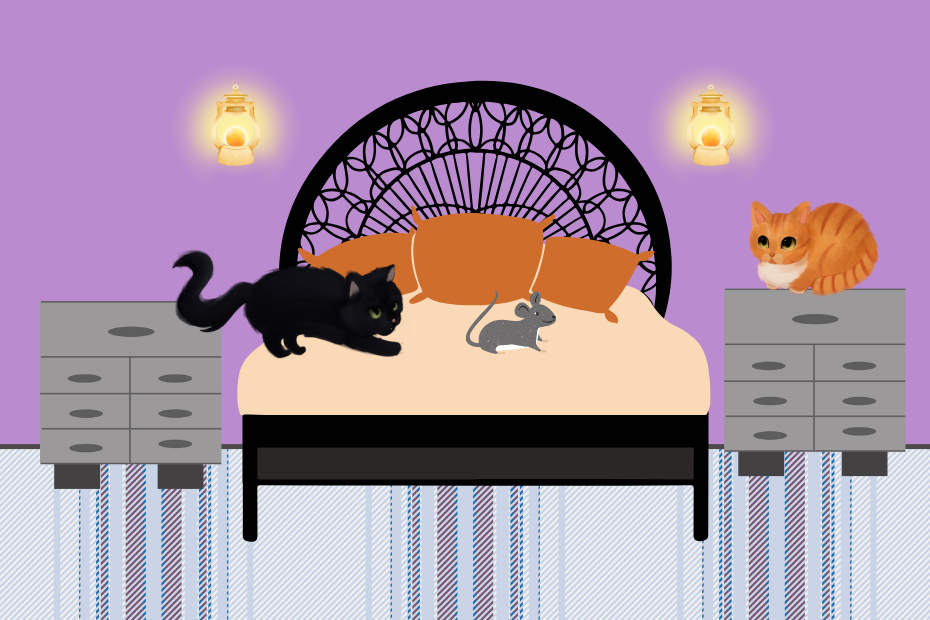 black cat Gus and orange tabby Oliver illustrated by Ele Rondi set in a cartoonish bedroom using all Canva stock graphics with a mouse on a bed, nightstands, and wall sconces