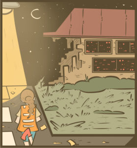 interior panel from the comic book, The Winchester-Nabu Detective Agency and the Case of the Bloody Burrows Gang, showing the human (Amber) walking down the dark street towards a decrepit abandoned building at night.