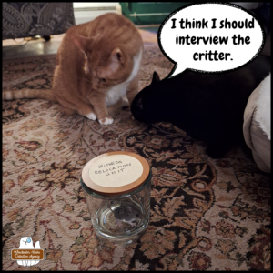 Gus smelling (or bowing) at Oliver's front paw next to the mouse in a glass jar for transportation. Gus: "I think I should interview the critter."