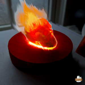 resin flaming skull with additional photo editing to make the flames look 3D and emphasize the LED lamp base.