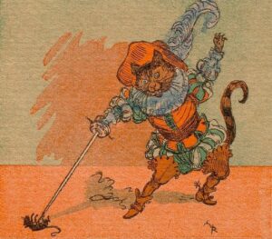 "Puss in Boots" Les Contes de Perrault, 1941 illustration of pirate cat stabbing a mouse with a fencing rapier.