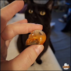 Amber's hand holding a small resin flaming skull with black cat Gus