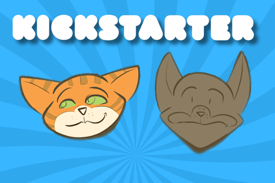 blue background; kickstarter white logo at the top; illustrated Ollie and Gus heads by Lane Lloyd