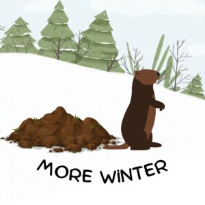 using Canva stock graphics, a groundhog stands in front of a pile of dirt dug from snow with text "more winter" underneath.