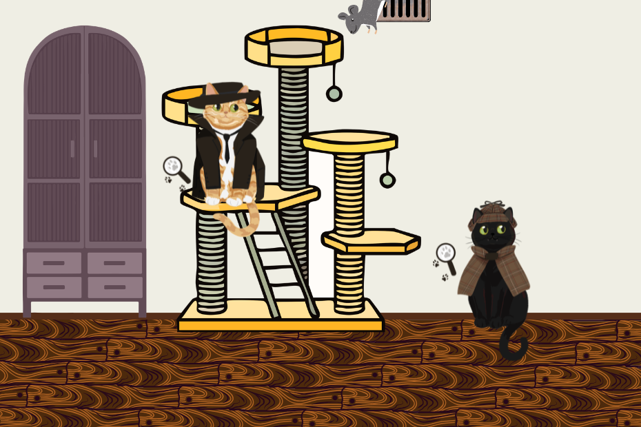 Canva stock graphics of a living room with a cabinet, wooden floor, tall cat tower, a mouse coming from a grate in the ceiling; orange cat Oliver dressed in a trenchcoat, necktie, and fedora by Holly placed on the cat tower; black cat Gus dressed in plaid cape and Sherlock hat by Holly sits on the floor.