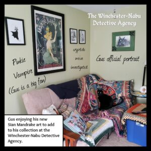 Gus in his office with Sian Mandrake art gallery