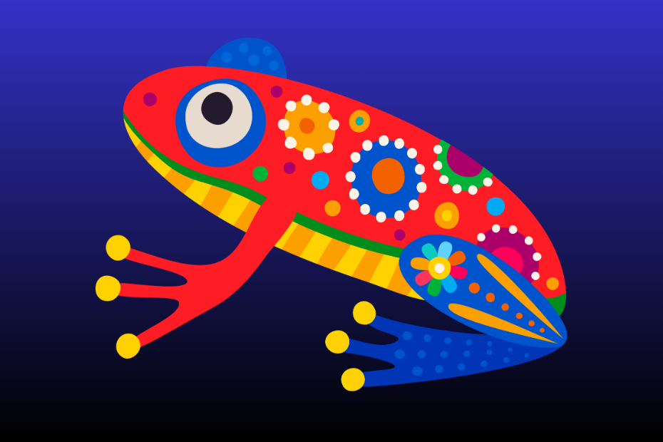 a colorful frog or toad graphic in a folk art style