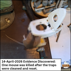 Pixelated dead mouse in a trap 14-April-2026 Evidence Discovered: One mouse was killed after the traps were cleaned and reset.