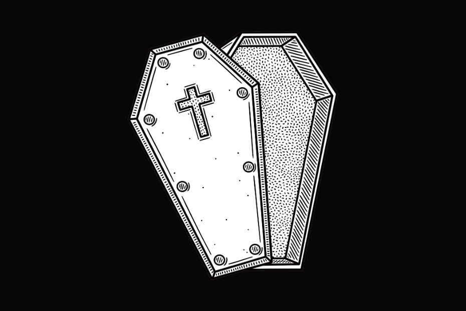 Canva black and white illustration of an open coffin with a cross on the lid