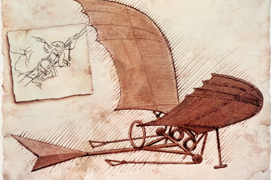 a Da Vinci sketch of the ornithopter showing bat wing shaped wings at the front, a structured open-air body, and a tail rudder