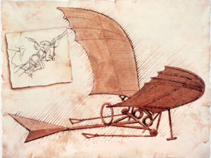 a Da Vinci sketch of the ornithopter showing bat wing shaped wings at the front, a structured open-air body, and a tail rudder