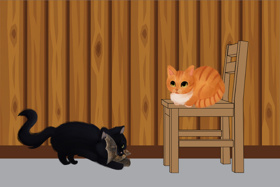 illustrated Ollie (orange and white tabby in loaf position) sitting on a chair and black cat Gus carrying a bat in his mouth; cats drawn by Ele Rondi; other elements from Canva. No AI.