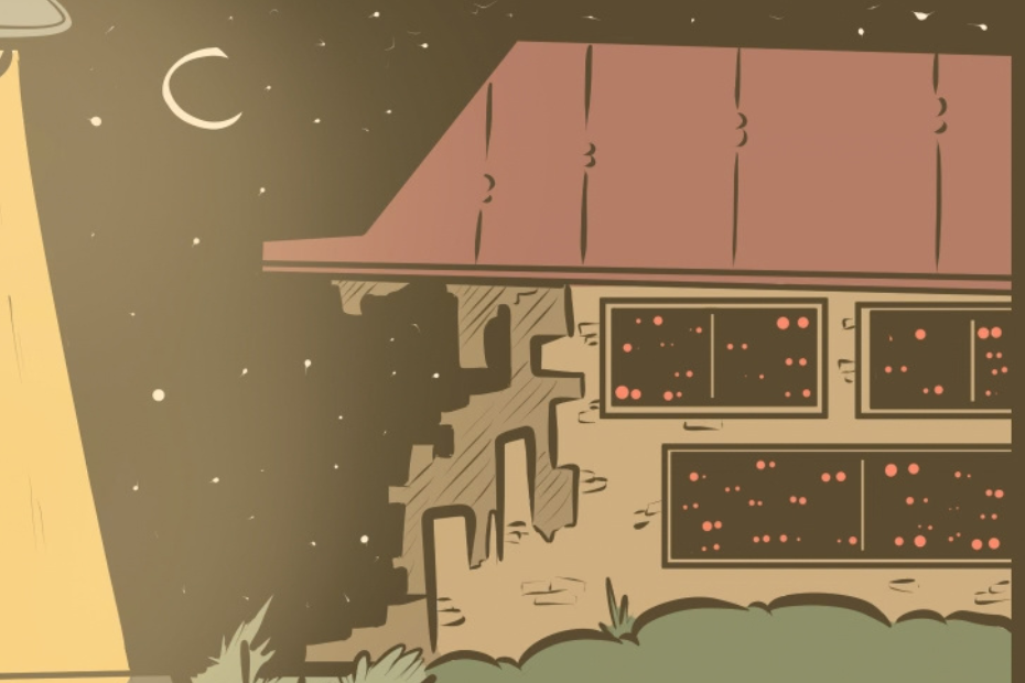 Cat Comic, The Bloody Burrow Gang interior panel showing the Raccoon House. Art by Lane Lloyd.
